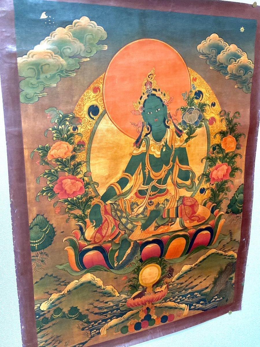 チベット タンカ 仏画 肉筆 絹本 グリーンターラ 仏教美術 密教